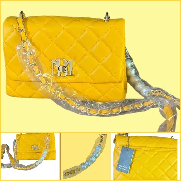 Badgley Mischka Quilted Yellow Shoulder Bag, 8"L x 6"H x 2", Chain Strap, NEW - Picture 7 of 9